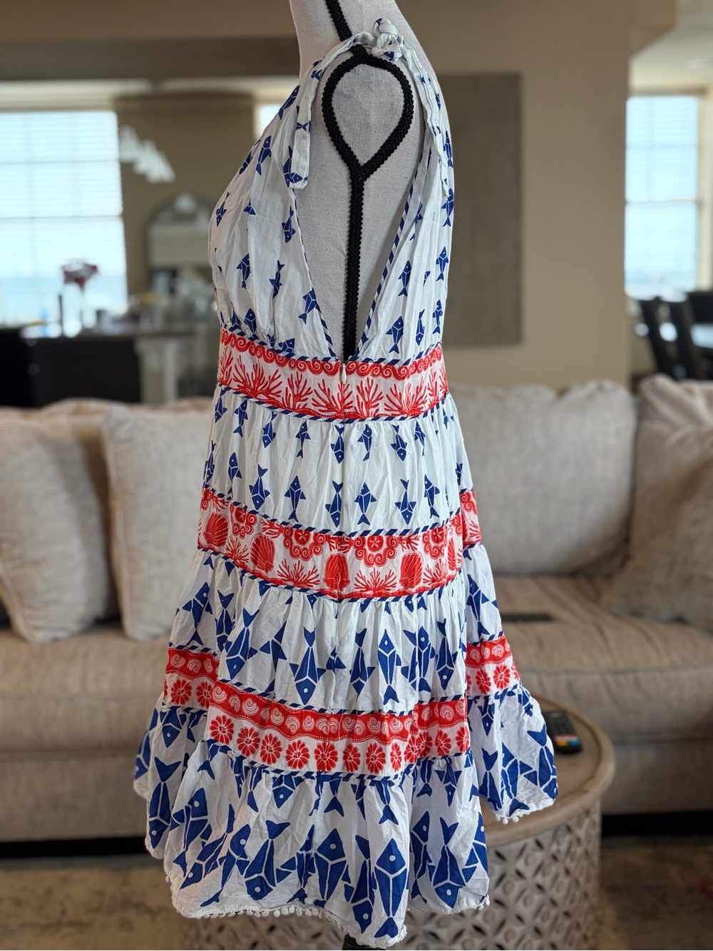 FARM Rio White Mini Dress with Blue Geometric Print and Red Trim - Picture 3 of 7